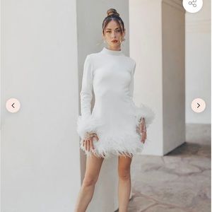 UNTAMED PETALS BY AMANDA JUDGE White Long Sleeve Feather Trim Mini Dress